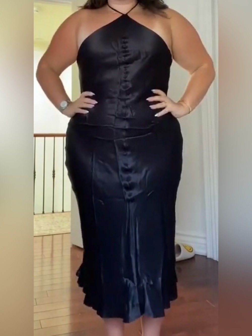 Park And Fifth Vincente Halter Neck Open Back Satin Dress in Black
